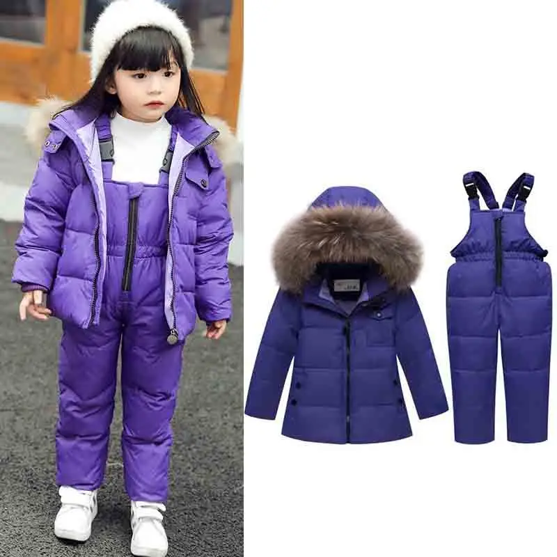 purple 30 зимний стильный Зимний костюм для детей, Детский Зимний комбинезон, Костюмы комплект пуховик на утином пуху штаны и куртка для маленьких мальчиков куртка для девочек; пальто; детский топ, детская парка с мехом - Цвет: purple
