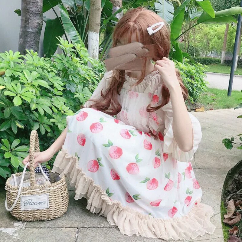 

Orange Sweet Women's 2 Pcs Set: Lolita JSK Dress + Apricot Shirt Half Sleeve Blouse Chiffon Sleeveless Dress Ruffles One Piece