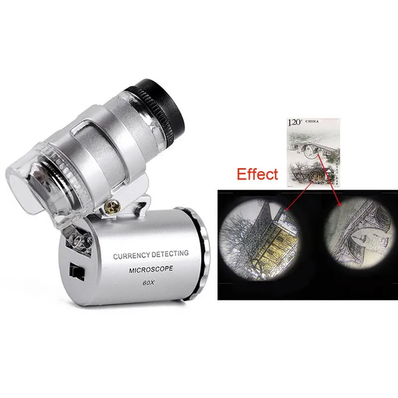 

60x Magnifying Loupe Mini 60X Jewelry Magnifier Microscope Magnifying With 2 LEDs And UV Light Pocket Jeweler Loupe Zoom Tool