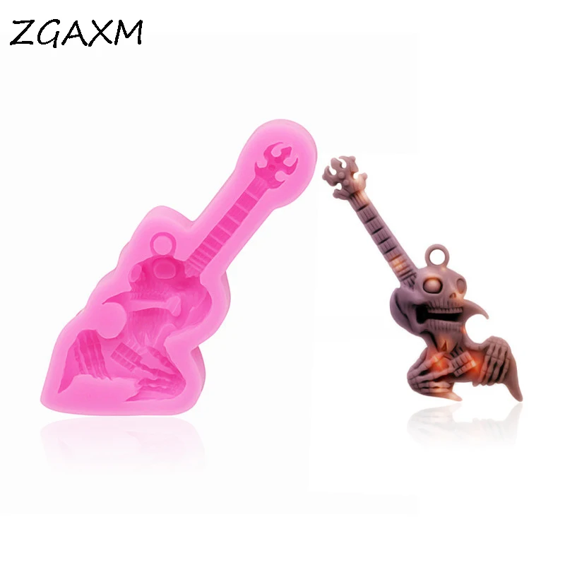 

ZG1009 Halloween skull guitar silicone molds musical instrument guitar keychain pendant making gadget fondant cake baking mould