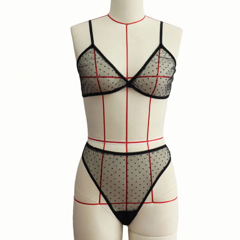 lace bra set Sexy Underwear Set Breathable Bralette With Sexy Underpants Polka Dot Sheer Mesh Lingerie Set Invisible Bra Brief Sets For Women sexy bra and panty