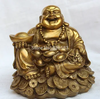 

free 6" Tibet Tibetan Buddhism Brass Seat Wealth Happy Laugh Maitreya Buddha Statue fast