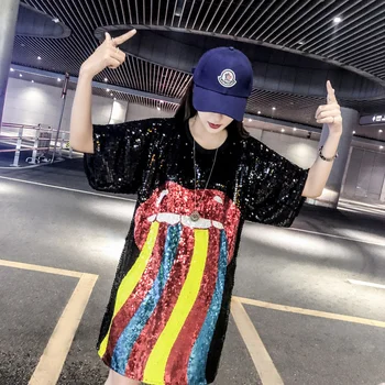 

Nice T-Shirts Women's Asymmetric O Neck Long Bottoming Tunic T Shirts with Sequined Tshirts Top Plus Size Tee Top