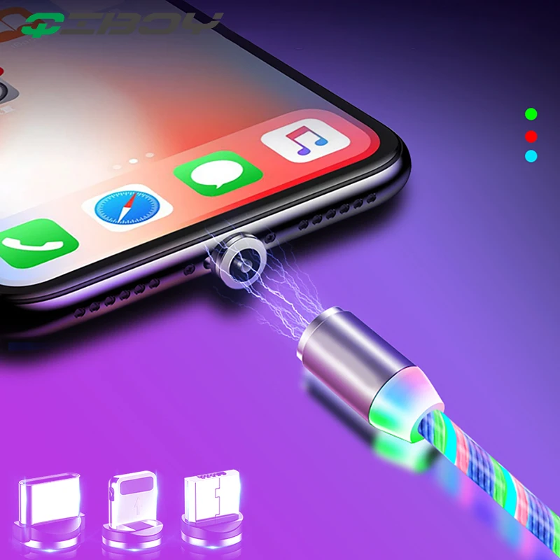 

LED Flow Luminous Lighting Magnetic USB Cable For iPhone XR X 7 8 Micro Type C Charger Fast Charging Magnet Charge USB-C Type-C
