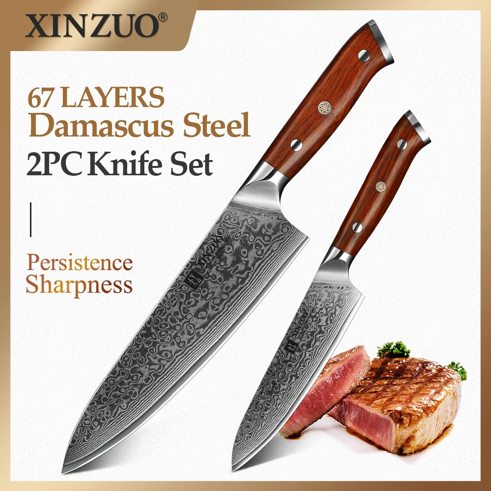 XINZUO 2 PCS Kitchen Knives Sets Japanese Damascus Steel Kitchen Knife Sharp Gyuto Chef Utility Cook Tool with Rosewood Handle