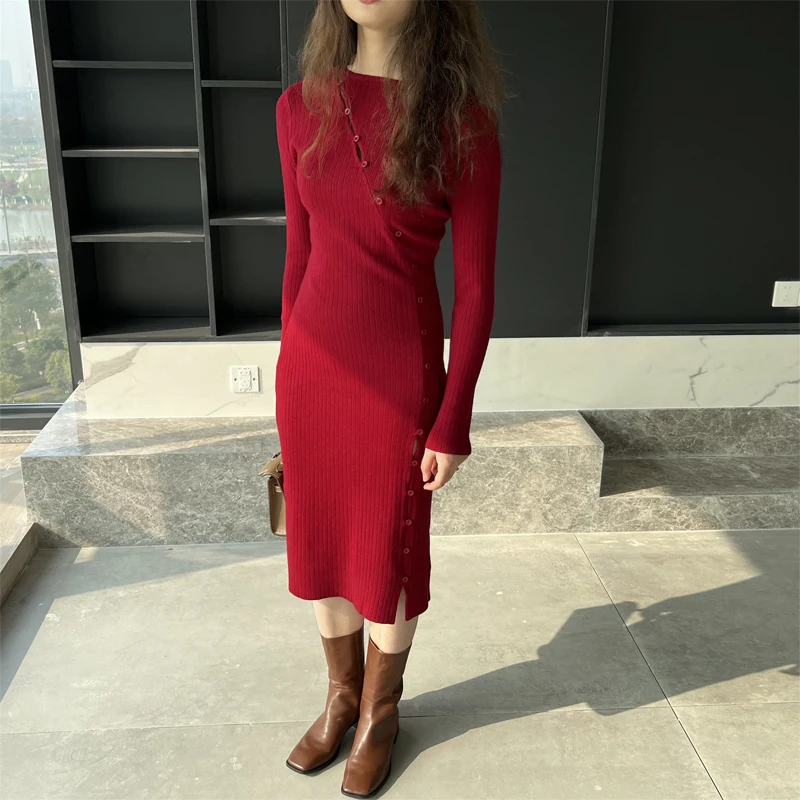

Spring and Autumn Women's Casual Solid Color Round Neck Long Sleeve Single Breasted Slim Knit Dress