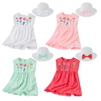 

ChanJoyCC embroidery flowers summer girls dresses fresh solid color children's clothing daily casual baby care cute clothes