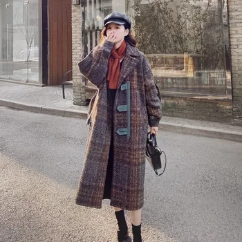 

Photo Shoot CHIC Retro Plaid Long Suit Collar Contrast Color Single Breasted Waist Hugging Lace-up Wool Woolen Cloth Coat Women'