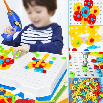 

Screws Art Geometric Shape Gift Blocks Toy Set Assembly Pretend Play Building Games Electric Drill With Storage Box Children DIY