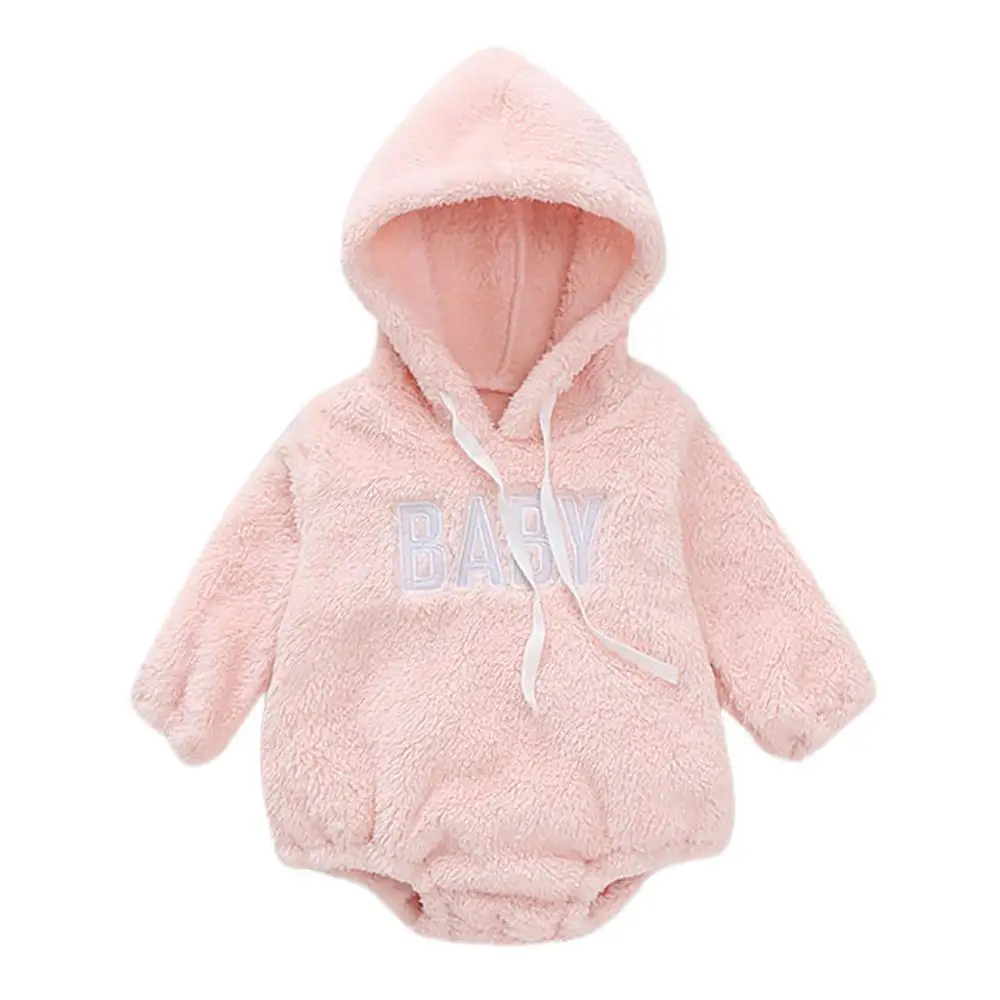 Pink Плотный мягкий теплый топ с капюшоном и буквенным принтом для новорожденных; плотный боди с длинными рукавами; ropa bebе; милый высококачественный комбинезон - Цвет: Pink