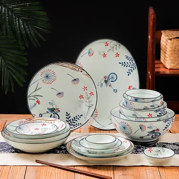 

Simple Japanese and Korean Hand-painted Printed Underglaze Ceramic Tableware Creative Rice Bowl Soup Plate Dish Spoon Household