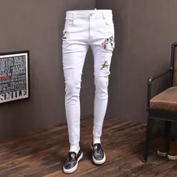 Модные мужские s джинсы-скинни, с резинкой на белой уличной птице вышитые джинсы брюки для ковбоев мужчин PSMJ86