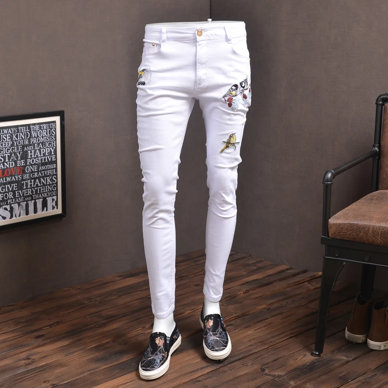 Fashion Mens Skinny Jeans Elastic White Streetwear Bird Embroidery Jean Pants for Cowboys Men PSMJ86 Fashion Mens Skinny Jeans Elastic White Streetwear Bird Embroidery Jean Pants for Cowboys Men PSMJ86