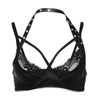 

Plus Size Women Sexy leather Club Lace Lingerie Underwire V-Neck Hollow Bra Backless S-4XL For Sexy Women 30N15