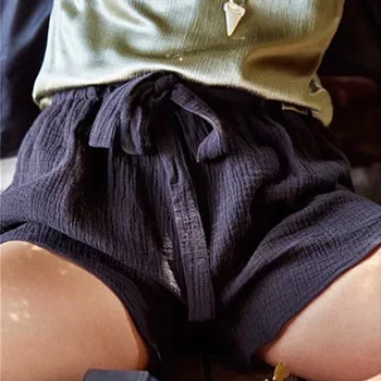 

High Waist Sashes Cotton And Line Summer Loose Wide Leg Shorts Women's Casual Elastic Waist Drawstring Short Pants Solid Shorts