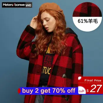 

METERSBONWE Plaid Long Coat Female Autumn And Winter New Casual Korean Version Coat