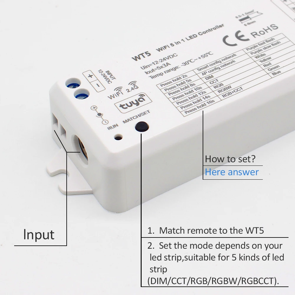 inteligente wifi 2.4g rf sem fio controle remoto 12v 24v wt5