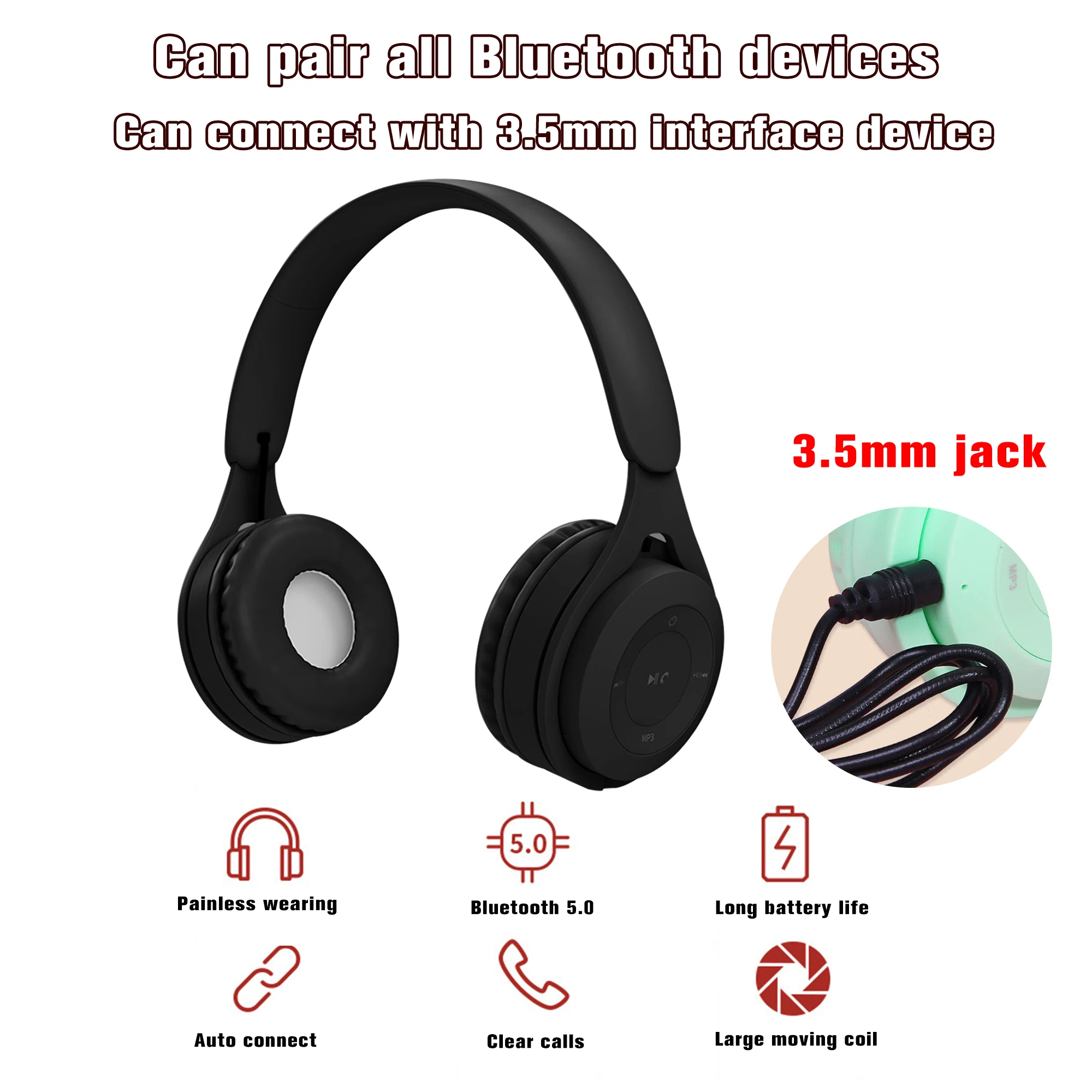 New headphone wired bluetooth gaming headset stereo noise reduction smart earphone with microphone supports TF card MP3 PC phone
