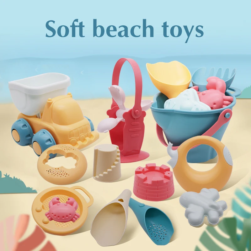 Juguetes de playa para niños, kit de juguetes playeros infantiles, baldes, palas, caja de arena, rastrillo, animales marinos de goma suave para niños pequeños, 5-17 uds.