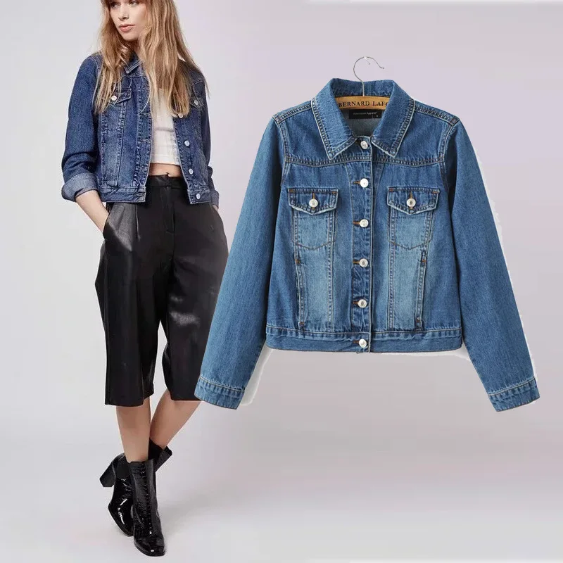 

Western Style WOMEN'S Dress 2017 Spring New Style Tops Fold-down Collar Loose-Fit Short WOMEN'S Denim Coat
