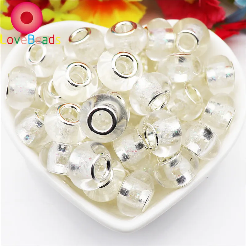 

10pcs Clear Color Glitter Round Loose Rondelle Big Hole European Beads Fit Pandora Bracelet DIY Snake Chain Silder Cord Jewelry