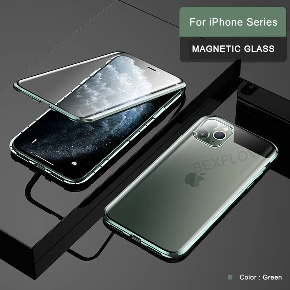 Металлический чехол для iPhone 6 7 8 Plus X XS XR MAX чехол Магнитный 360 противоударный Закаленное стекло чехол для Apple iPhone 11 Pro Max чехлы - Цвет: Green