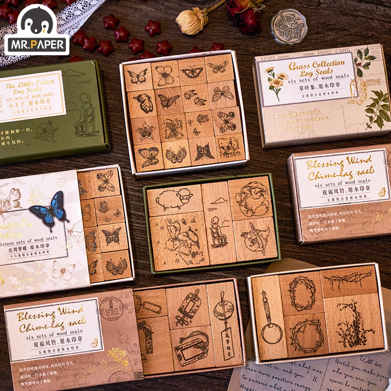 Mr Paper 4 Designs Wooden stamp Animal pattern series Leaves of Grass The Little Prince Blessing Wind Chime Zhuang Zhou Mengdie afbeelding
