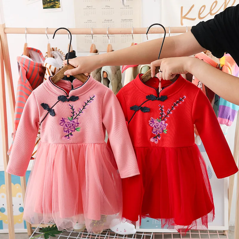

2019 Baby Girl Chinese Dress Clothes Summer Style Children Cotton Long Sleeve Traditional Dresses Fo Kids Hanfu Dress