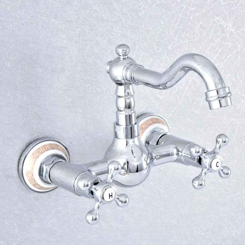 

Modern Wall Mounted Double Handle Chrome Bathroom Basin Sink Mixer Tap Faucet