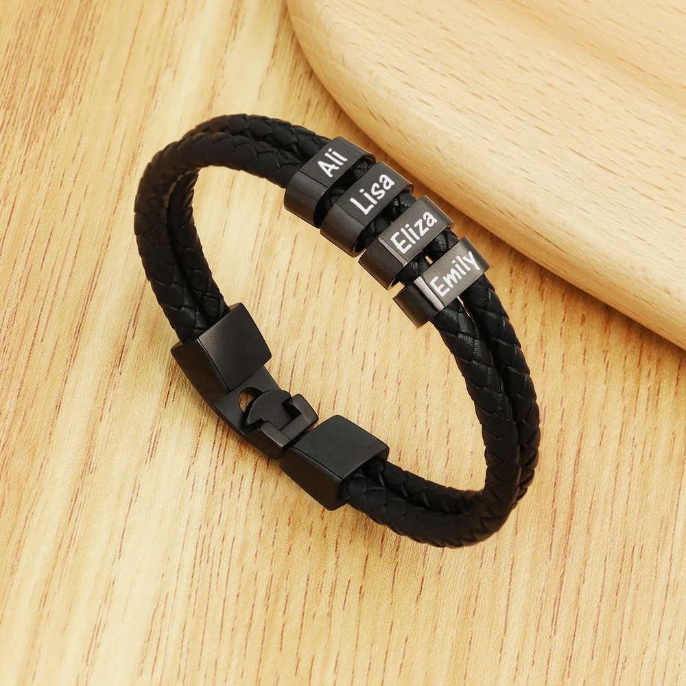 1pc Personalized names beads Men Leather Bracelet Customized gift for husband father