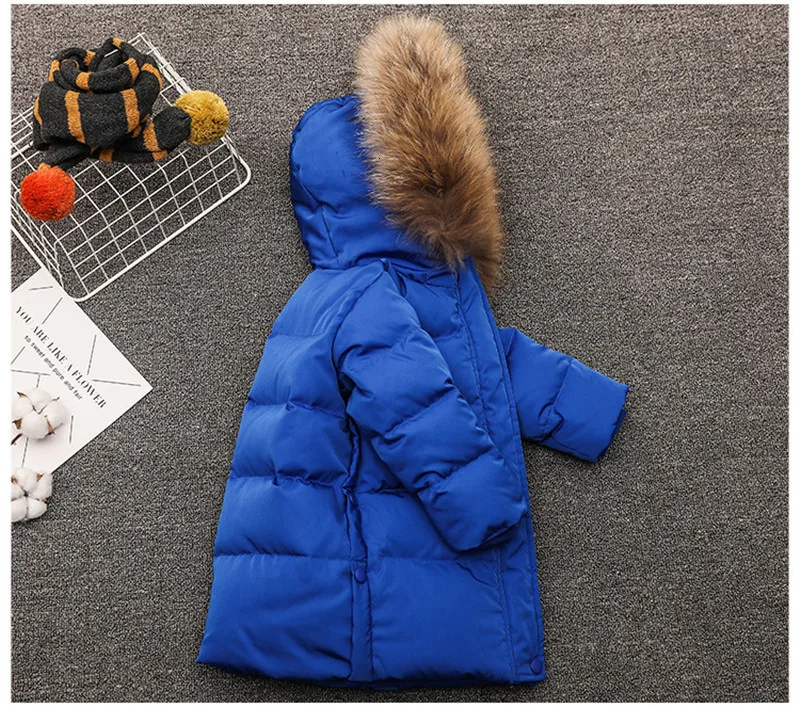 Детская Длинная Верхняя одежда с меховым капюшоном, однотонная куртка для девочек и пальто для мальчиков, детская одежда зимние теплые плотные куртки для малышей