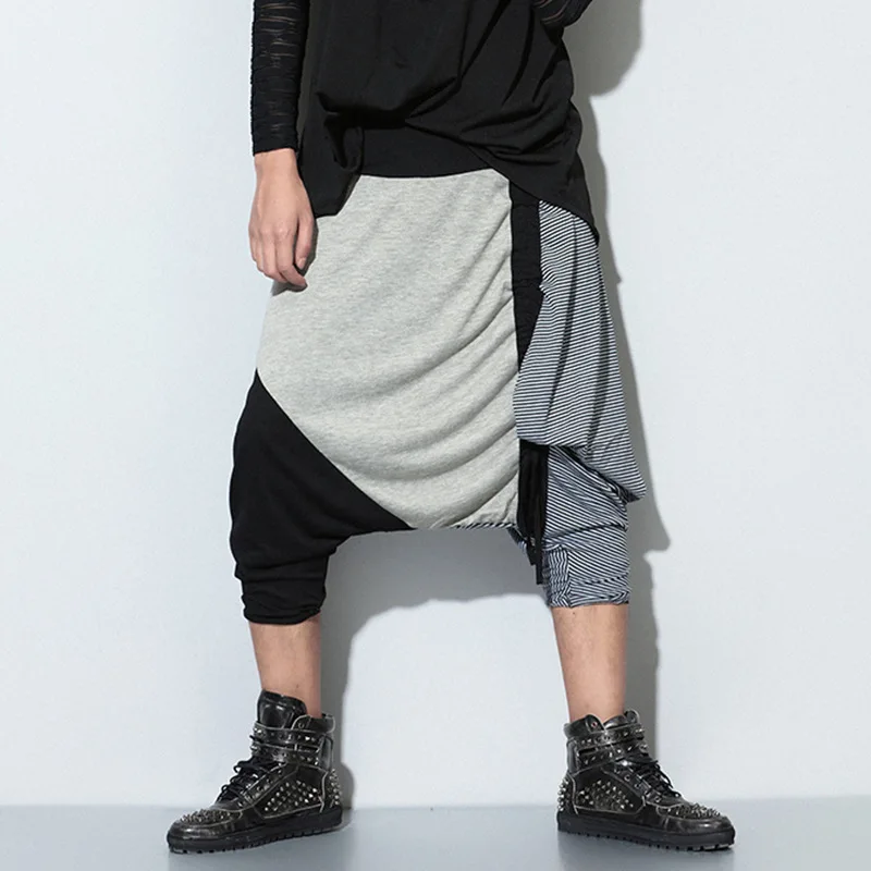 

Men Pants Wide Crotch Harem Pants Loose Large Cropped Patchwork Hip Hop Dance Elastic Waist Streetwear Capri Pants