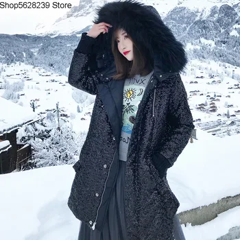 

19 Money Medium Length Money Black Sequins Thicken Keep Warm Cotton Wool Collar Coat Female