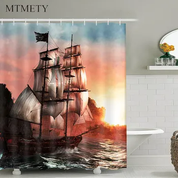 

MTMETY Sea View Shower Curtains Ship Waterproof Bath Shower Curtains Household for Bathroom Bathtub Large Wide Bathing Cover