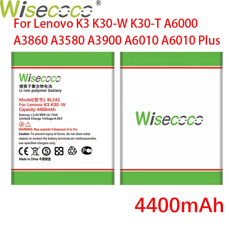 Аккумулятор WISECOCO BL242 на 4400 мАч для Lenovo K3 K30 W T A6000 A3860 A3580 A3900 A6010 Plus мобильный телефон