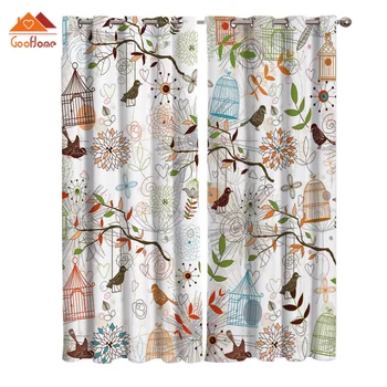 

Cartoon Handdraw Brid Flower Window Curtains Living Room Outdoor Fabric Drapes Curtain Home Decor