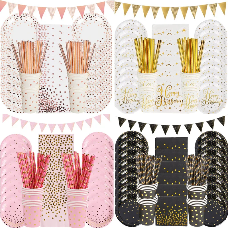 

CYUAN Birthday Bronzing Rose Gold Foil Dots Tablewares Paper Cup Napkin Disposable Set For Wedding Kid Adult Birthday Decoration