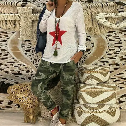 

Fashion Summer Women Star Printed Comfort T-Shirts Deep V-Neck Long Sleeve Loose Tops Tee T-Shirts Casual Brief Clothing