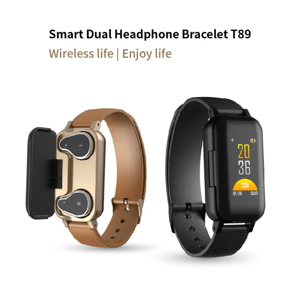 T89 Dual Bluetooth Earphone Smart Bracelet Heart Rate Blood Pressure Monitor Call Message Reminder Smart watch Men Women 2019 T89 Dual Bluetooth Earphone Smart Bracelet Heart Rate Blood Pressure Monitor Call Message Reminder Smart watch Men Women 2019