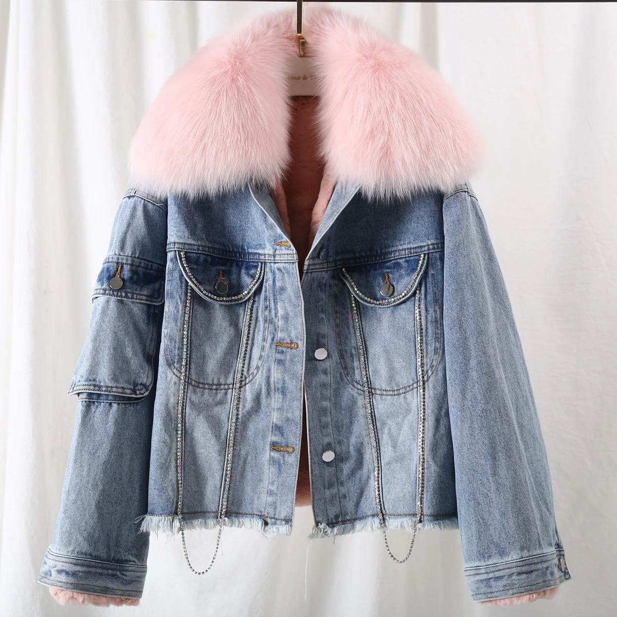 Very best  2019 Winter Jacket Women Casual Real Rex Rabbit Fur Liner Denim Coat Thick Warm Natural Fox Fur Col