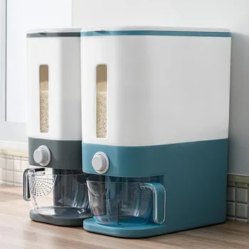 

Automatic Plastic Cereal Dispenser Storage Box With Measuring Cup Kitchen Food Tank Rice Container Organizer Grain Storage Cans