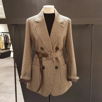 

Spring Autumn Blazer Vintage Double Breasted Office Ladies Plaid with Belt Long Sleeve