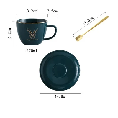 Bight dark green Светильник Роскошные Nordic Керамика Кофе комплект 220 мл Золото с художественным рисунком головы оленя для девочек и Кофе чашка с блюдцем Набор Европейский Стиль - Цвет: Bight dark green