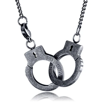 

Exaggerated Retro PUT DOWN Handcuffs Necklace Men's Punk Hip Hop Stainless Steel Pendant Night Club Jewelry Gifts