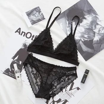 

Honviey Ultra-thin lace lingerie set sexy underwired bra and briefs sets trangle cup gathered deep v black women Brassieres