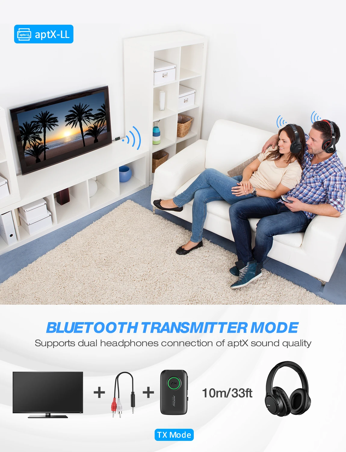 Mpow BH390 Bluetooth 5,0 приемник передатчик 2 в 1 Поддержка APTX/APTX-LL/APTX-HD с 3,5 мм/RCA разъем для ТВ автомобиля домашний аудио ПК