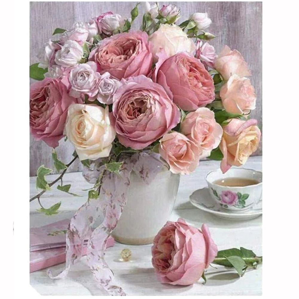 

5D Diamond Painting Full Drill Pink Rose Flowers in Vase Rhinestone Embroidery Dotz Kits Diamond Cross Stitch Pattern Picture