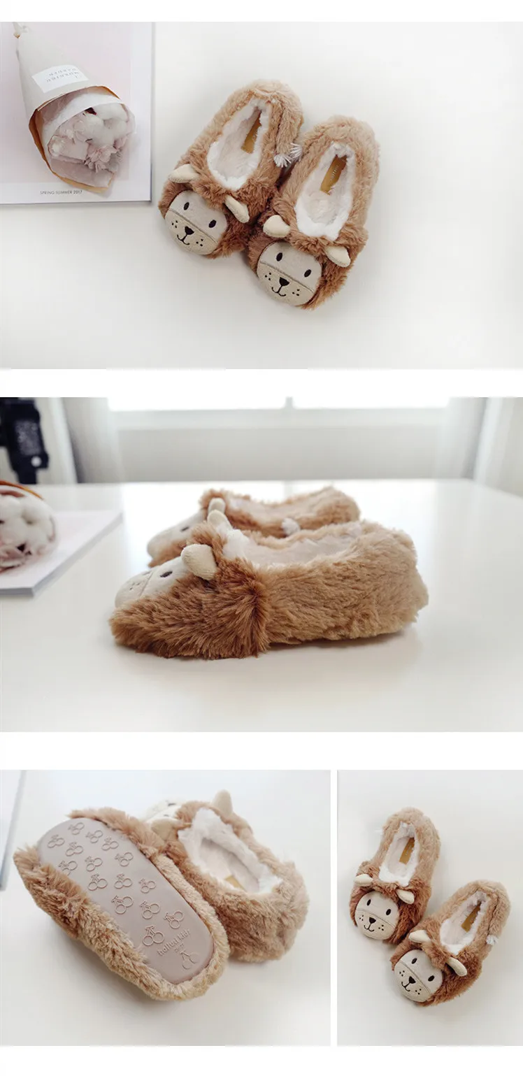 Suihyung Cute Animal Slippers Kids Winter Warm Home Slippers Children Soft Non-slip Indoor Floor Shoes Furry Lion Plush Slippers