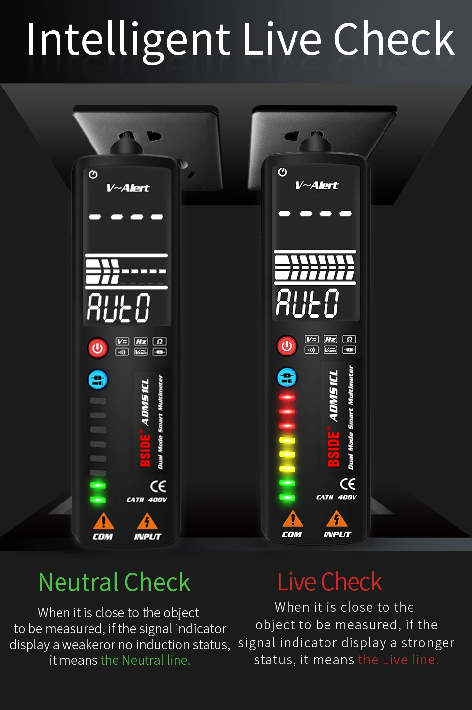 BSIDE 2.4’‘ LCD Voltage Detector Non-contact Circuit Volt Tester Pen Voltmeter NCV Socket Live Wire Check Hz Ohm Continuity