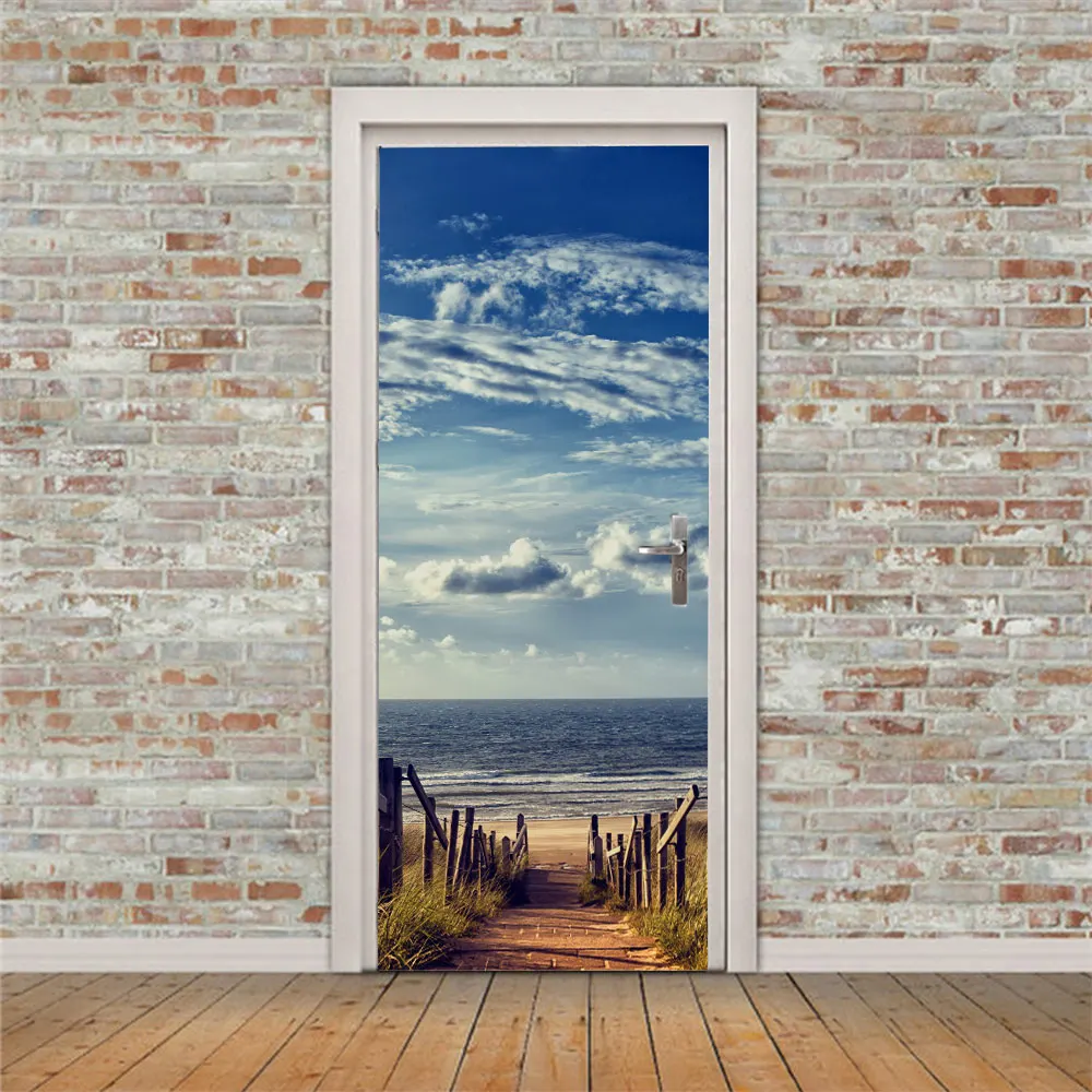 

Home Decor 3D Door Sticker Self Adhesive Decal Seaside Landscape Picture Print Waterproof Environmental Protection Art Poster